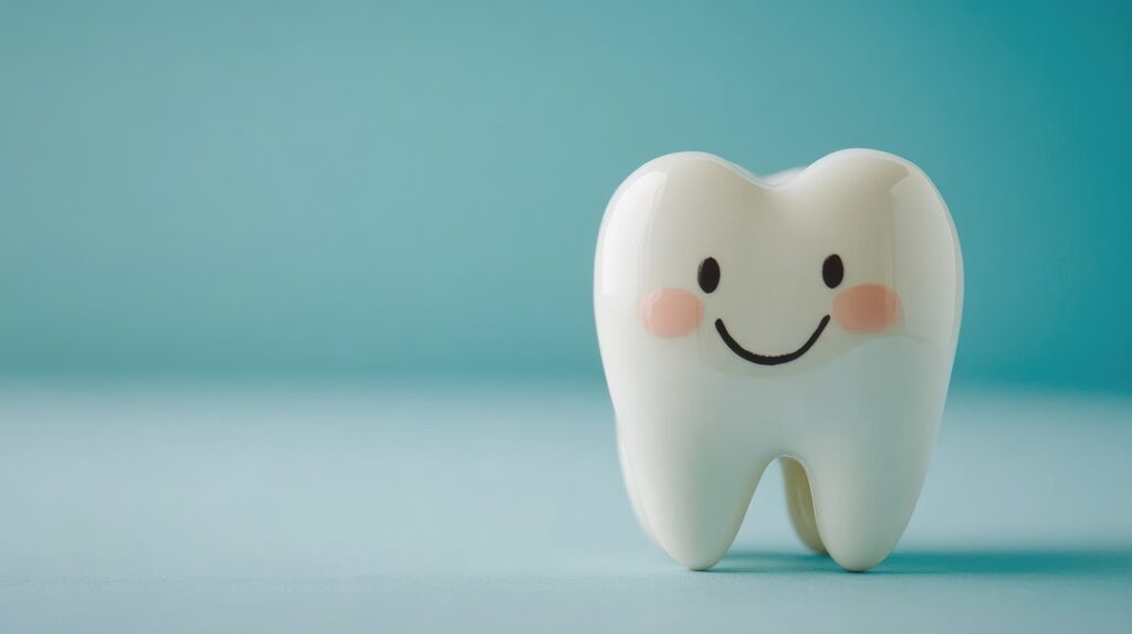 Smiling cartoon tooth character on soft blue background highlighting dental checkup and preventive care with ample copy space for text.