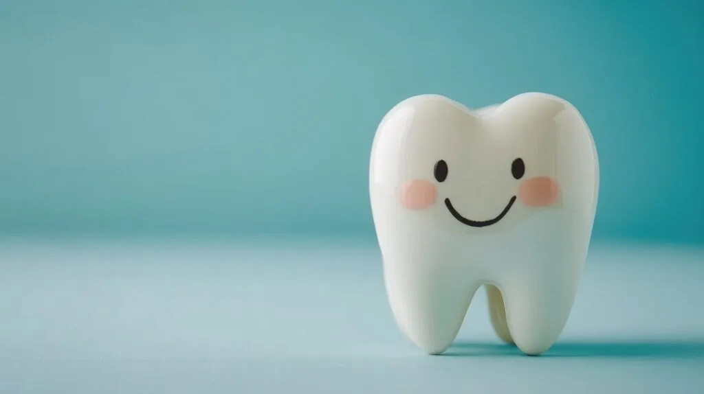 Smiling cartoon tooth character on soft blue background highlighting dental checkup and preventive care with ample copy space for text.